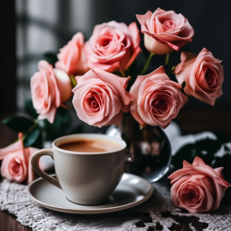 Create meme: good morning , a cup of coffee and flowers, coffee roses