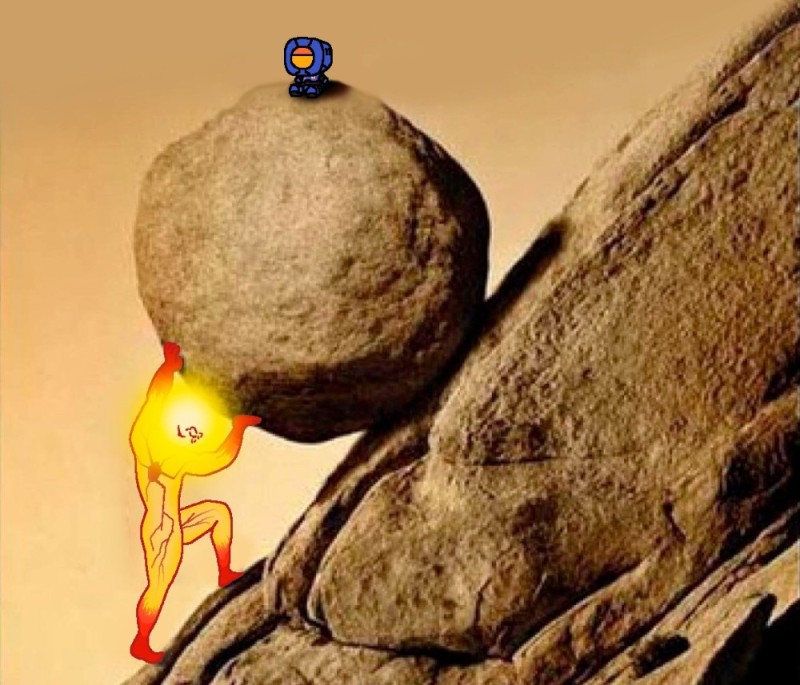 Create meme: pushing a rock uphill, Sisyphus and the stone, the strength of the human will