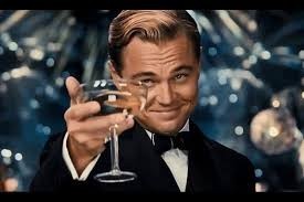 Create meme: Gatsby, happy birthday Volodya pictures DiCaprio, Leonardo DiCaprio with a glass of