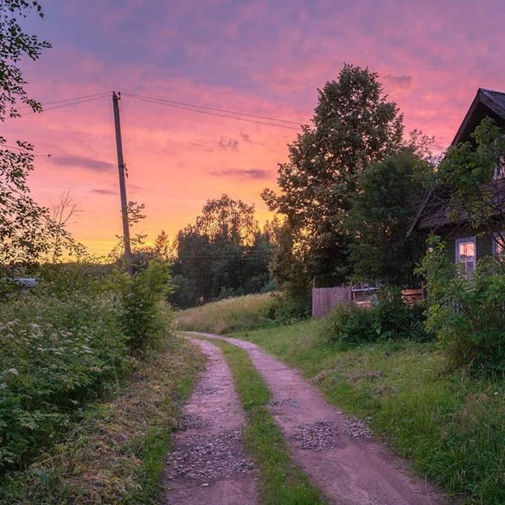 Create meme: sunset in the village, the landscape is rustic, morning in the village