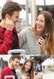 Create meme: earbuds, happy couple, people
