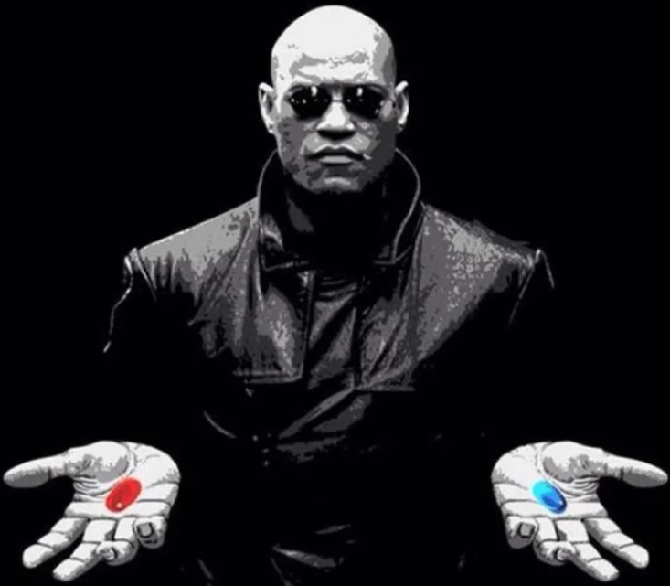 Create meme: Morpheus two pills, matrix Morpheus, red and blue pill