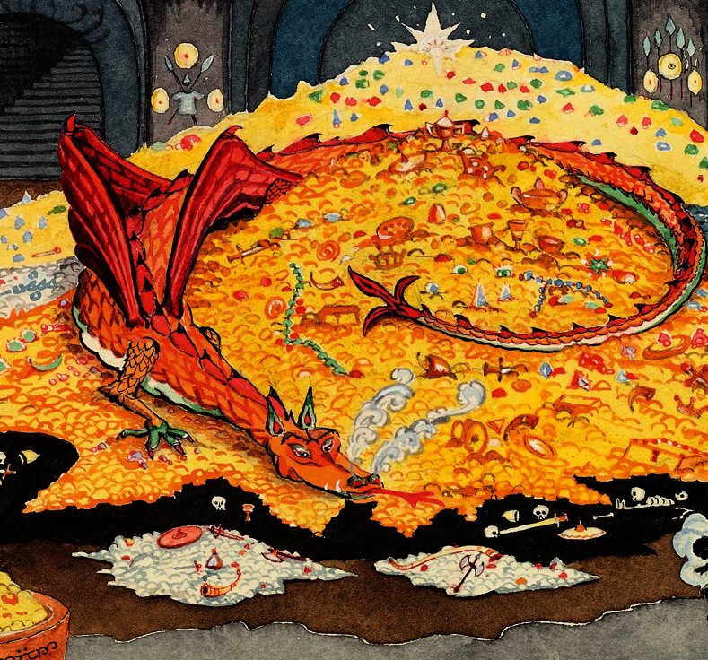 Create meme: smaug tolkien's illustrations, Tolkien's conversation with Smaug, dragon on gold