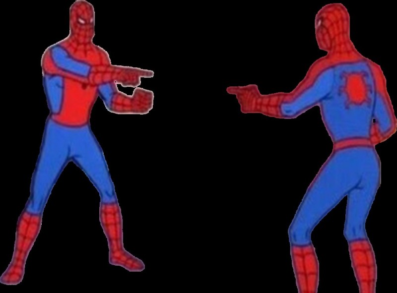 Создать мем: человеки пауки показывают друг на друга, 3 человека паука мем, два человека паука