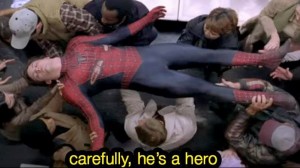 Создать мем: careful he's a hero, spider meme, осторожно это герой