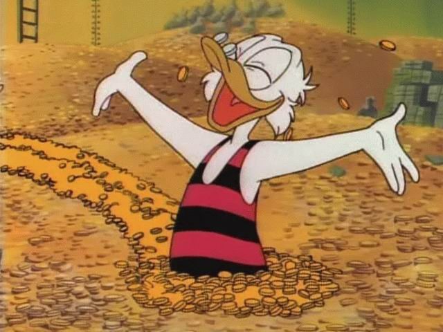 Create meme: Scrooge in gold, Scrooge McDuck dollars in the eyes, Scrooge McDuck swims in gold