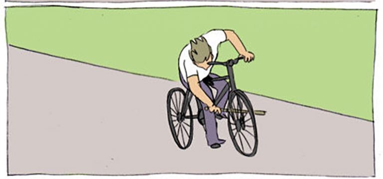 Создать мем: велосипедист вставляет палку в колесо, палки в колеса, велосипед палка в колесо