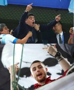 Create meme: orta parmak işareti, diego maradona, Maradona calms the child