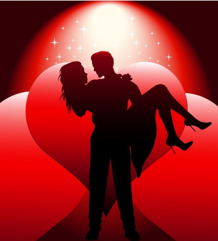 Create meme: love horoscope, silhouette of a couple in love on the background of a heart, silhouettes of lovers