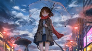 Создать мем: девушка в наушниках и шарфе аниме, после дождя аниме, аниме