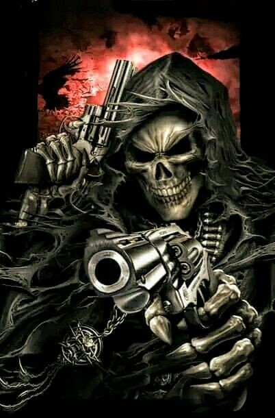 Create meme: skull with pistols, skeleton with a gun, skull with guns