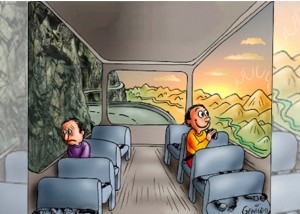 Создать мем: мультяшный поезд внутри, автобус, трансерфинг в комиксах