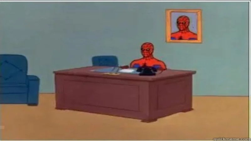 Создать мем: человек-паук мем в кабинете, мемы, человек паук за столом мем