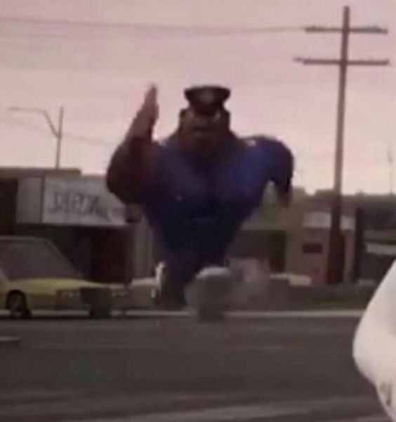 Создать мем: flint lockwood, полицейский бежит мем, легион вперед мем