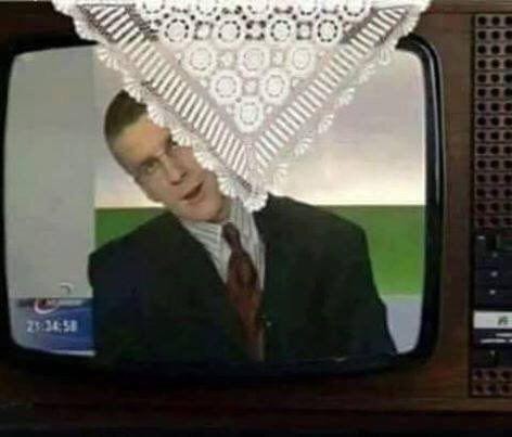 Create meme: watching TV , the TV is big, napkin on the TV