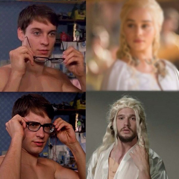 Create meme: Daenerys John Drogo, The black hole meme, Peter Parker wears glasses