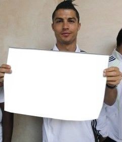 Create meme: Ronaldo holds a white sheet, Ronaldo holds a poster, Ronaldo Cristiano