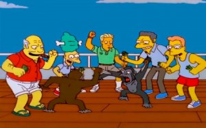 Create meme: monkeys fight the simpsons, the simpsons monkeys with knives, the simpsons battle of the apes