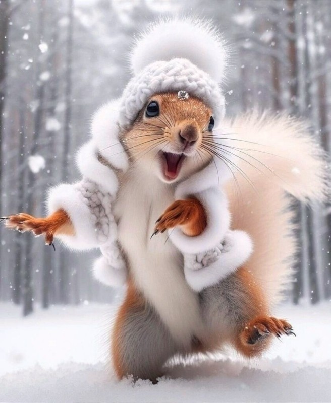 Create meme: winter squirrel, winter animals, Good morning with a squirrel in winter
