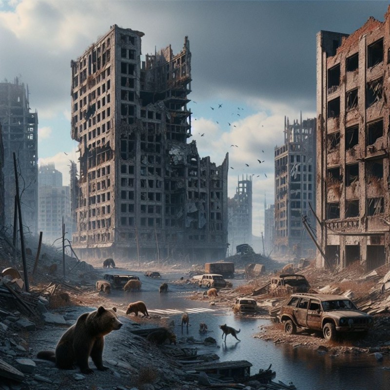 Создать мем: арт постапокалипсис, постапокалипсис пейзаж, разрушенный город фон