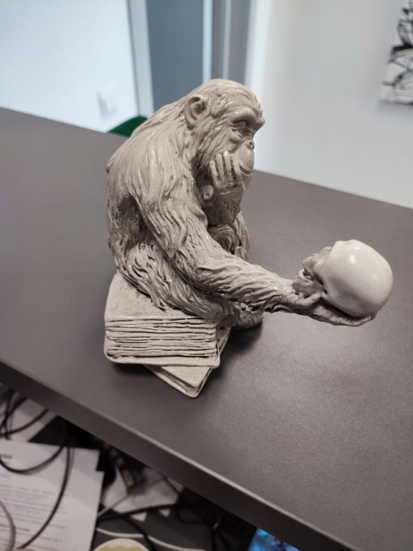 Создать мем: 3д модель шимпанзе, статуэтка обезьяна с черепом, обезьяна дарвина статуэтка