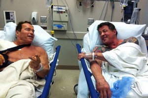 Create meme: Schwarzenegger operation, Stallone and Schwarzenegger in the hospital, Arnold Schwarzenegger and Sylvester Stallone