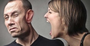 Create meme: angry man on woman, the girl shouts at the guy, male