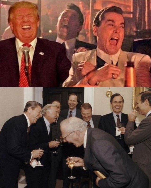 Create meme: donald j trump , laughing men, The meme laughs