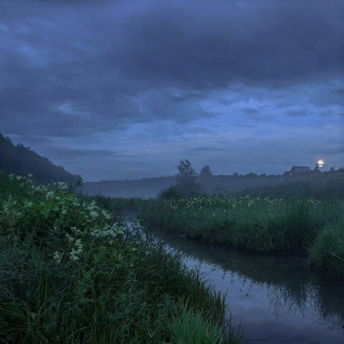 Create meme: landscape night, foggy evening, river