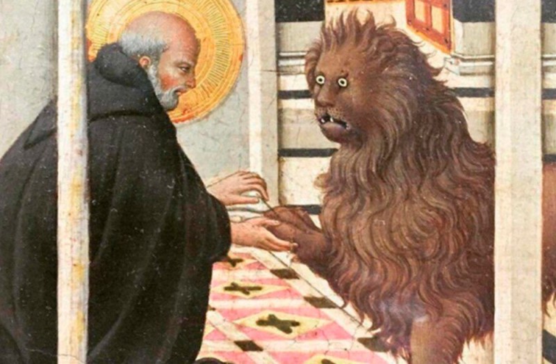 Создать мем: святой иероним и лев, сано ди пьетро святой иероним и лев, страдающее средневековье лев