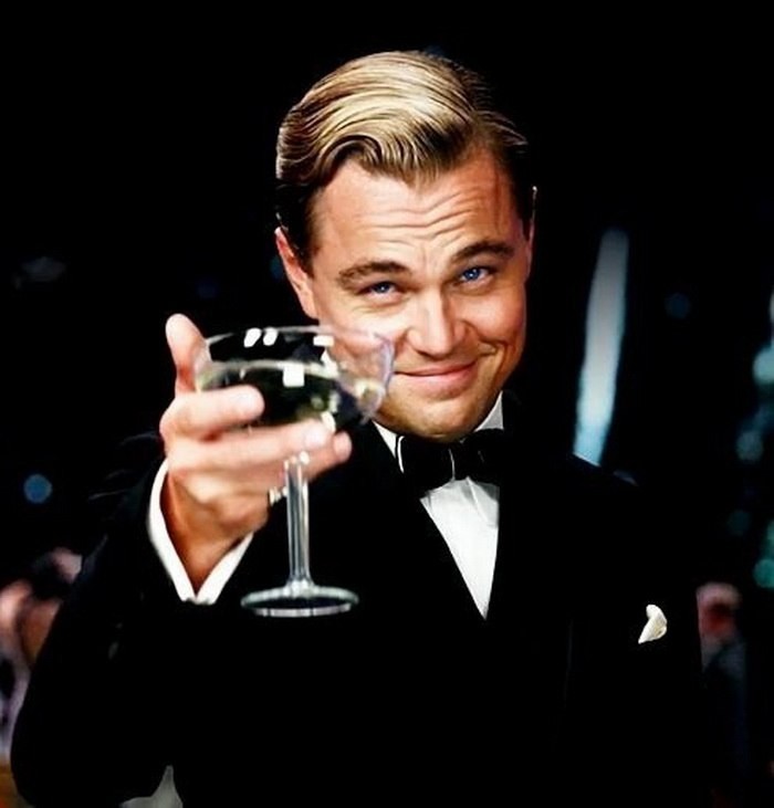 Create meme: Leonardo DiCaprio Gatsby, the great Gatsby Leonardo DiCaprio with a glass of, DiCaprio glass 