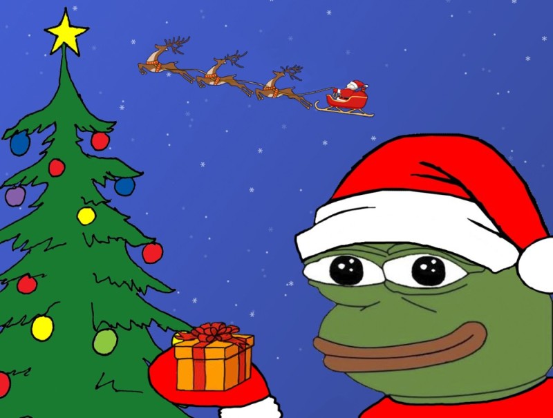 Создать мем: новогодняя лягушка, пепе новый год, мемы новогодние
