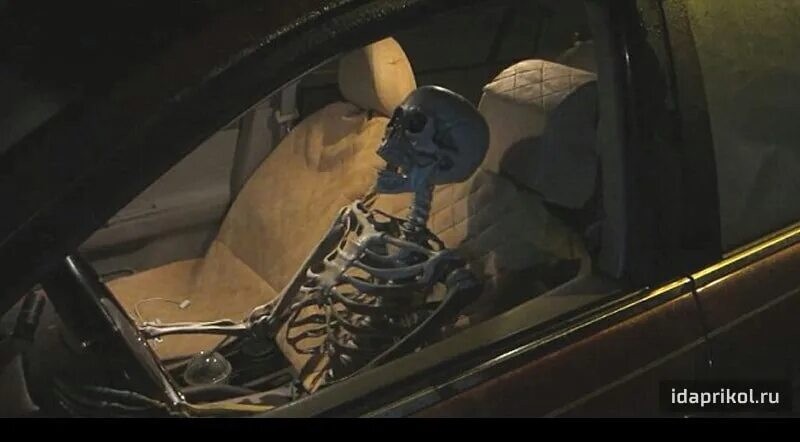 Create meme: skeleton at the wheel, the skeleton in the car, in the car