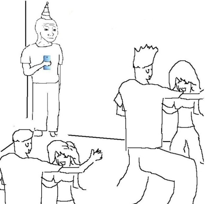 Create meme: A meme at a party in the corner, hand drawn memes , Meme party they don't know