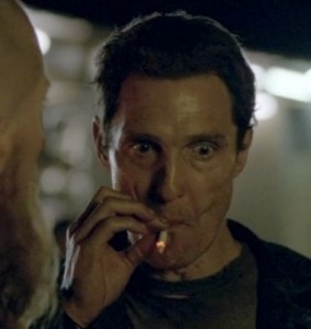 Create meme: McConaughey smokes meme, true detective meme with McConaughey, McConaughey nervously smokes