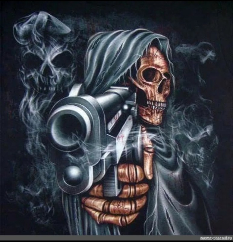 Создать мем: скелет с оружием, скелет с револьвером, скелет с пистолетом