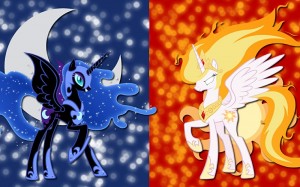 Create meme: daybreaker mlp and nightmare moon, Celestia fire, pony Luna and Celestia evil