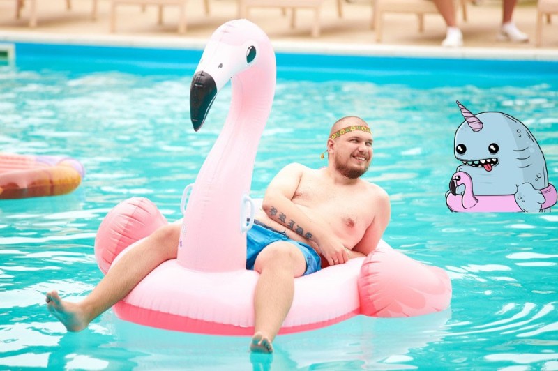 Create meme: inflatable flamingo, pool party, meme pool