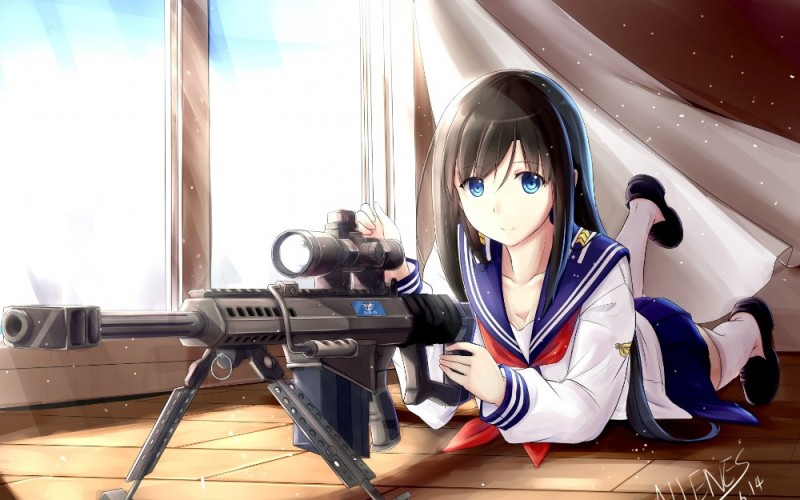 Create meme: anime girls with guns, anime with weapons, sniper anime