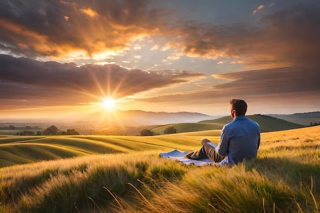 Create meme: sunset field, nature , the man at dawn