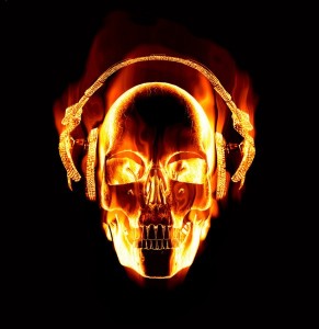 Create meme: flaming skull with headphones art, skull