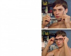 Создать мем: мемы комиксы про двойку, мем человек паук очки, мем с питером паркером и очками