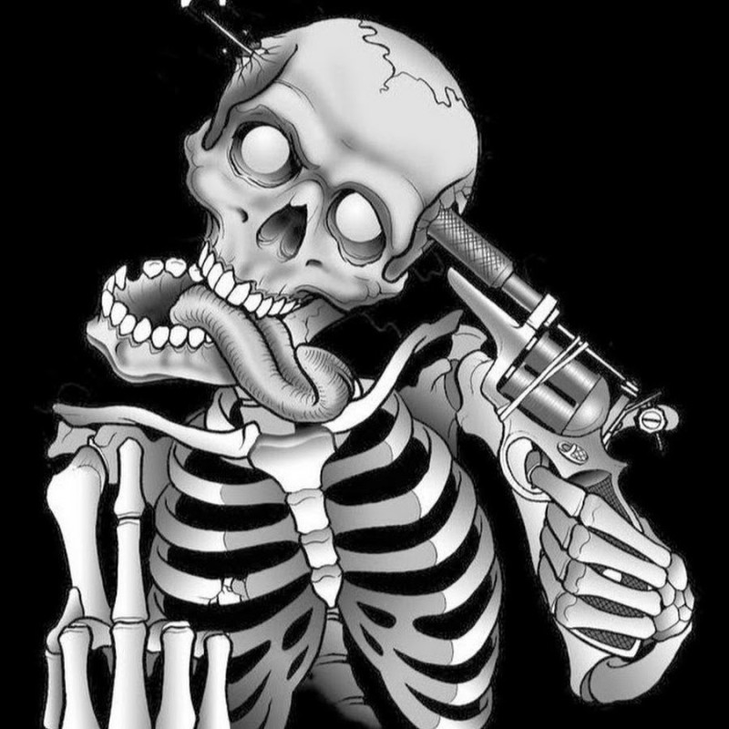 Создать мем: весёлый скелет, скелет арт, скелет с пистолетом