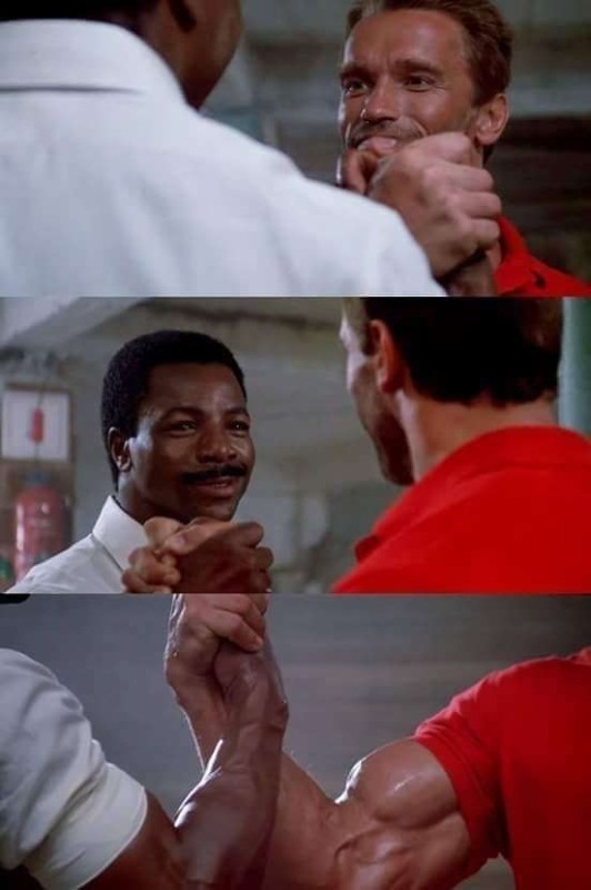 Create meme: schwarzenegger handshake meme, schwarzenegger handshake, Schwarzenegger handshake in the movie
