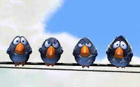 Создать мем: синие птички на проводе, птички пиксар, три смешные птички