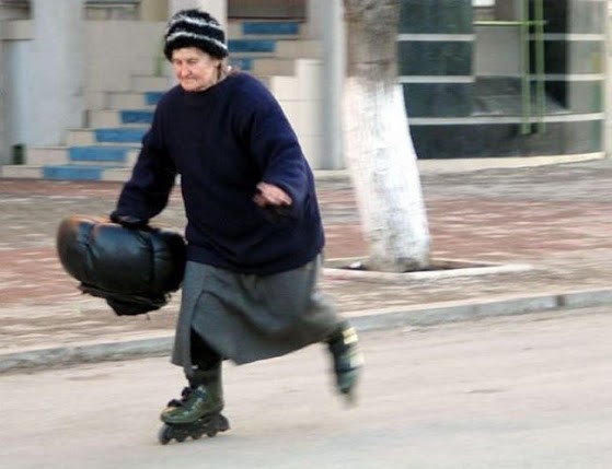 Create meme: Grandma is running, granny on roller skates, Grandma is running