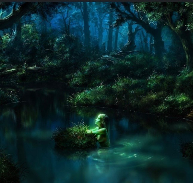 Create meme: lake in the forest art, night lake in the forest, nature art