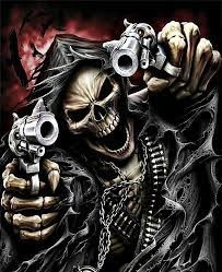 Создать мем: череп с пистолетами, крутой скелет с пистолетом, скелет с пистолетом