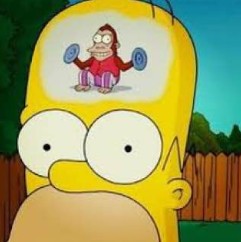 Создать мем: обезьянка в голове гомера, гомер с обезьяной в голове, обезьянка в голове симпсоны