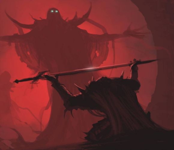Create meme: monsters of Lovecraft art, dark fantasy, the warrior brings the sword meme